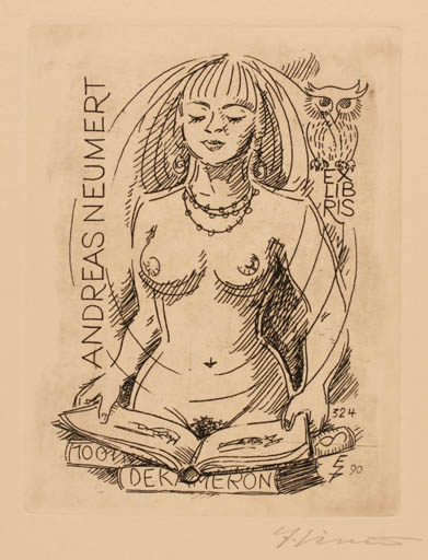 Exlibris by Erhard Zierold from Germany for Andreas Neumert - Book Woman Nude Owl 