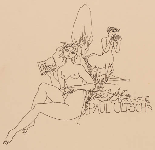 Exlibris by Elfriede Weidenhaus from Germany for Paul Ultsch - Book Fable Animal Woman Nude 