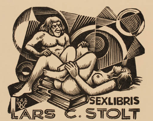 Exlibris by Kàroly Vàroknyi from Hungary for Lars C. Stolt - Book Nude Couple 