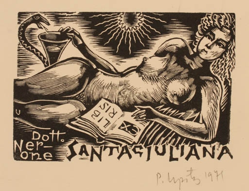 Exlibris by Peteris Upitis from Latvia for Dr. Nerone Santagiuliana - Book Woman Nude Sun 