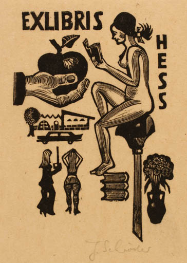 Exlibris by Jens Schroeder from Unknown for ? Hess - Book Hand(s) Woman Nude 