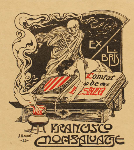 Exlibris by Joaquim Renart from Spain for Francisco Monsalvatje - Book Death Jugend Woman 