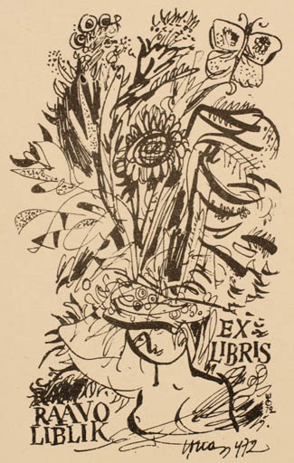 Exlibris by Evald Okas from Estonia for Raavo Liblik - Flower Woman Butterfly 