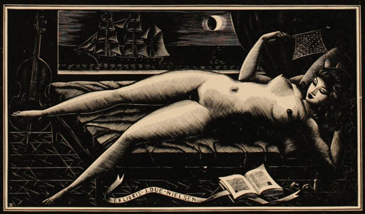 Exlibris by Italo Zetti from Italy for Johan Due Nielsen - Book Woman Nude Ship/Boat 