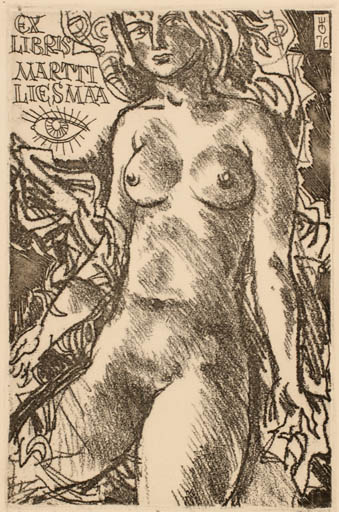 Exlibris by Evald Okas from Estonia for Martti Liesmaa - Woman Nude 