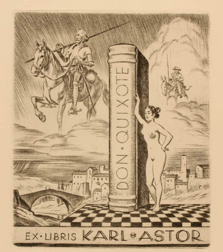 Exlibris by Walter Helfenbein from Germany for Karl Astor - Book City Don Quijote Woman Nude 