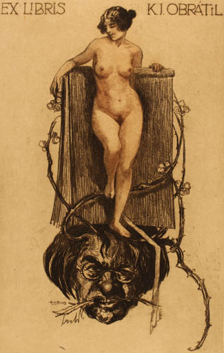 Exlibris by Alfred Liebing from Germany for K. J. Obratil - Book Woman Nude 