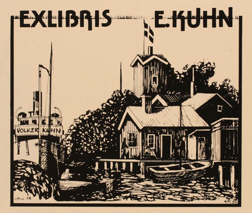 Exlibris by Jo Erich Kuhn from Sweden for E. Kuhn - Maritime Ship/Boat 