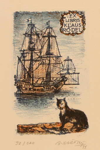 Exlibris by Bohumil Kratky from Czechoslovakia for Klaus Rödel - Cat Maritime Ship/Boat 