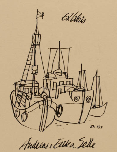 Exlibris by Pencho Koulekov from Bulgaria for Erika & Andreas Selle - Maritime Ship/Boat 