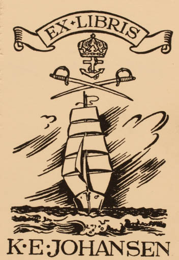 Exlibris by Albert Jaern from Norway for K. E. Johansen - Maritime Ship/Boat 