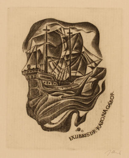 Exlibris by Wojciech Jakubowski from Poland for Dr. Katona Gabòr - Maritime Ship/Boat 