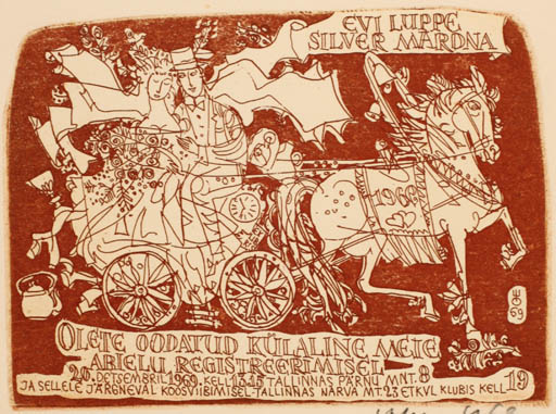 Exlibris by Evald Okas from Estonia for Evi/Mardna, Silver Luppe - Horse Couple Romance 