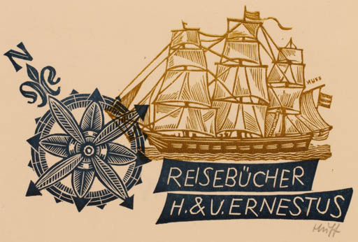 Exlibris by Hermann Huffert from Germany for H. & V. Ernestus - Maritime Ship/Boat 