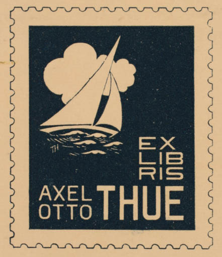 Exlibris by T. Helgerud from Norway for Axel Otto Thue - Maritime Ship/Boat 