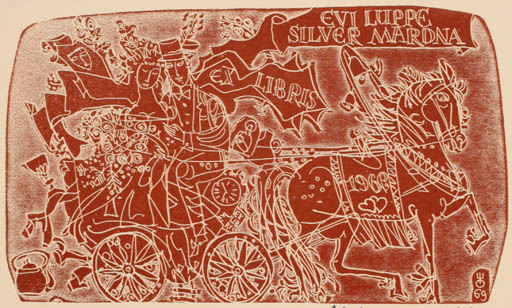 Exlibris by Evald Okas from Estonia for Evi/Mardna, Silver Luppe - Horse Couple Romance 