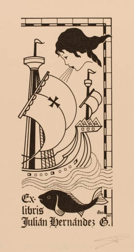 Exlibris by Teresa Costa-Gramunt from Spain for Julian Hernandes - Fish Maritime Ship/Boat 