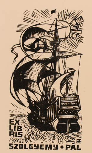 Exlibris by Antal Fery from Hungary for Szölgyemy Pal - Maritime Ship/Boat Sun 