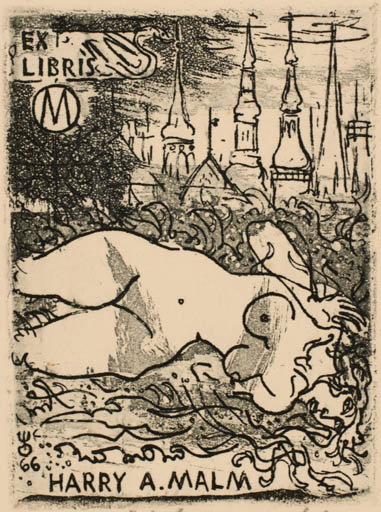 Exlibris by Evald Okas from Estonia for Harry A. Malm - City Woman Nude 