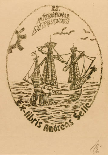 Exlibris by Illi Franz from Romania for Andreas Selle - Maritime Ship/Boat 