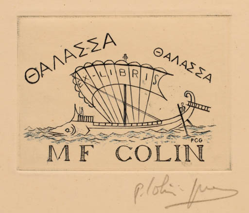 Exlibris by Paulette Colin-Gury from France for M. F. Colin - Maritime Ship/Boat 