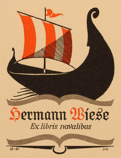 Exlibris by Christian Blæsbjerg from Denmark for Dr. Hermann Wiese - Ship/Boat Viking 