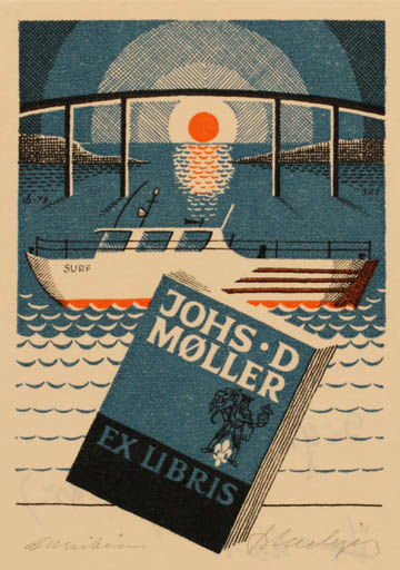 Exlibris by Christian Blæsbjerg from Denmark for Johs. D. Møller - Maritime Ship/Boat Sun 