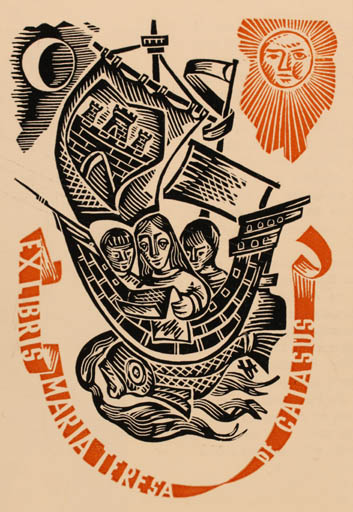 Exlibris by Frank Alpresa from Spain for Maria Teresa De Catasus - Fish Maritime Ship/Boat Sun 