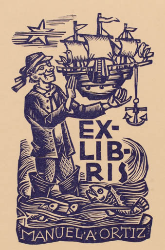 Exlibris by ? ? from Unknown for Manuel A Ortiz - Fish Maritime Ship/Boat 