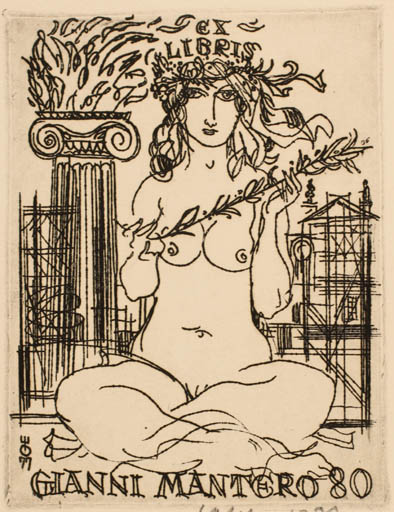 Exlibris by Evald Okas from Estonia for Gianni Mantero - Classical antiquity Woman Nude 