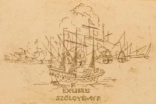 Exlibris by Ferenc Furlan from Hungary for P. Szölgyemy - Maritime Ship/Boat 