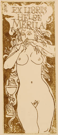 Exlibris by Evald Okas from Estonia for Helbe Merila - Woman Medicine Nude 