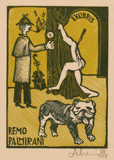 Exlibris by Maria Elisa Leboroni from Italy for Rosellae Remo Pamirani - Working Drama Dog Man 