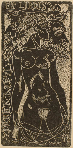 Exlibris by Evald Okas from Estonia for Zdenek Mezl - Erotica Woman Nude 