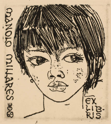 Exlibris by Evald Okas from Estonia for Manolo Millares - Woman Portrait 