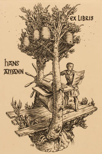 Exlibris by Ottohans Beier from Germany for Hans Amann - Working Man Printing technique 