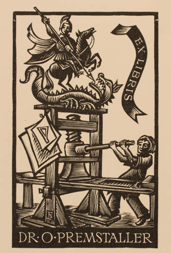 Exlibris by Franz Stummvoll from Austria for Ottmar Premstaller - Working Horse Horseman/Rider Sct.G. and the Dragon Printing technique 