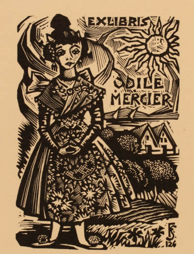 Exlibris by Julio Fernandez Saez from Spain for Odile Mercier - Woman Sun 