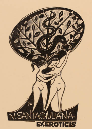 Exlibris by Zbigniew Dolatowski from Poland for Dr. Nerone Santagiuliana - Adam and Eve Ex Erotica 