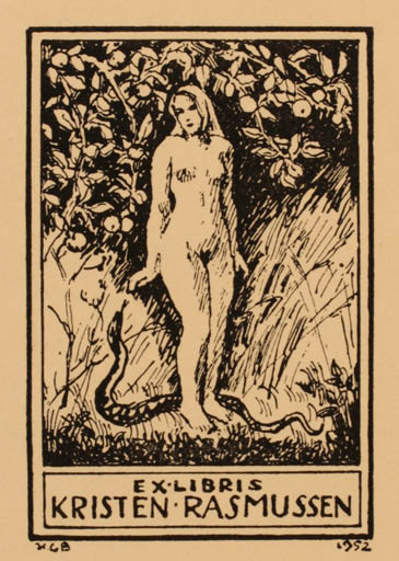 Exlibris by H. C. Bärenholdt from Denmark for Kristen Rasmussen - Adam and Eve Woman Nude 