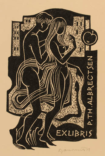 Exlibris by Dusan Janousek from Czechoslovakia for Peter Therkel Albrechtsen - Adam and Eve Nude Couple 