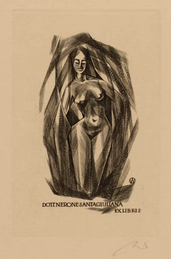 Exlibris by Wojciech Jakubowski from Poland for Dr. Nerone Santagiuliana - Woman Nude 