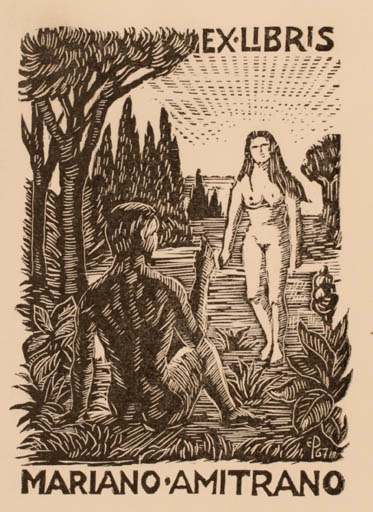 Exlibris by Edmund Peter from Denmark for Mariano Amitrano - Adam and Eve Nude Couple 