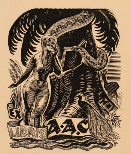 Exlibris by Richard Kaljo from Estonia for ? ? - Adam and Eve Fauna Woman Nude 