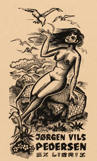 Exlibris by Johannes Juhansoo from Estonia for Jørgen Vils Pedersen - Bird Woman Nude 