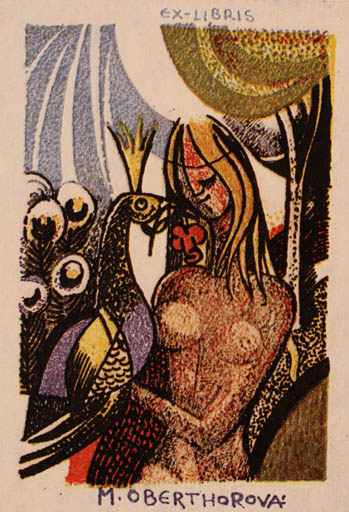 Exlibris by Karel Oberthor from Czechoslovakia for M. Oberthorova - Bird Woman Nude 