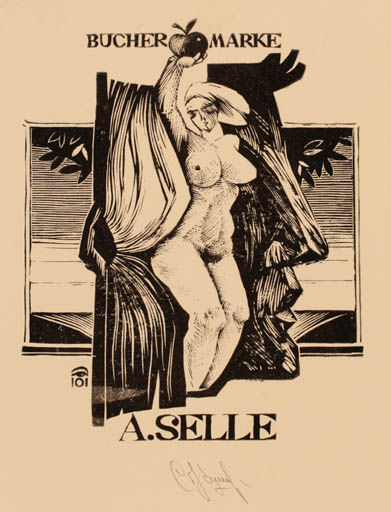 Exlibris by Serik Kulmechtkenov from Russia for Andreas Selle - Adam and Eve Woman Nude 