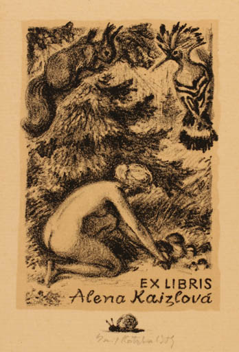 Exlibris by Emil Kotrba from Czechoslovakia for Alena Kaizlova - Bird Woman Nude 