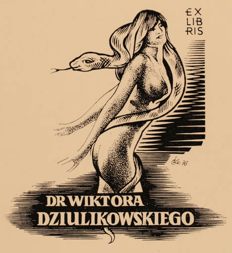 Exlibris by Czeslaw Kelma from Poland for Dr. Wiktora Dziulikowskiego - Woman Medicine Nude 