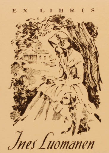Exlibris by Alf Danning from Finland for Ines Luomanen - Dog Woman Tree 